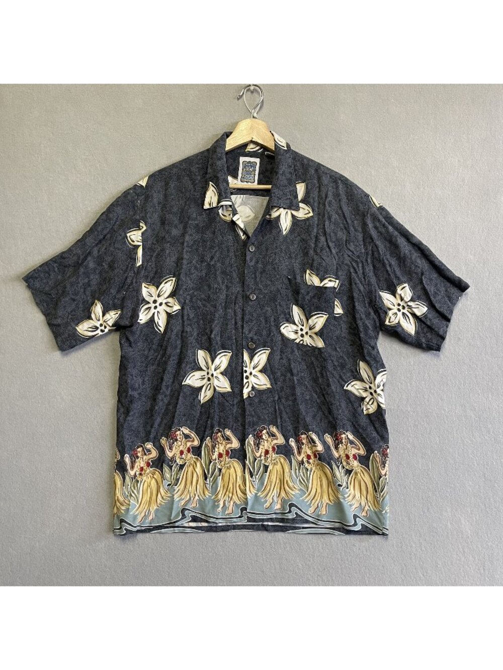 Ocean Current Vintage Hawaiian Shirt L Hula Dancers Floral